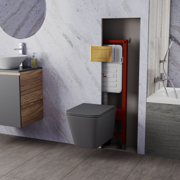 Комплект BAU 6 в 1: усиленная инсталляция BAU IDEAL, унитаз подвесной безободковый торнадо обратного потока Bau Stil Hurricane-2 темно-серый матовый, сиденье микролифт, клавиша BAU Light золото