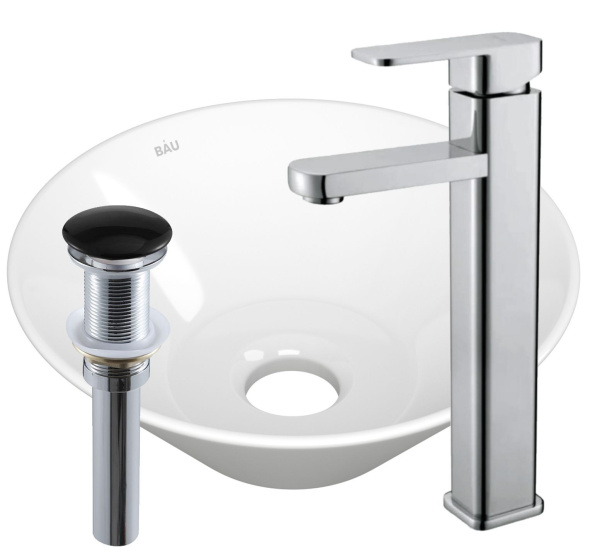 Раковина накладная со смесителем и выпуском (круглая BAU Dream D43, белая + смеситель Hotel Still, нер. сталь, выпуск клик-клак черный)