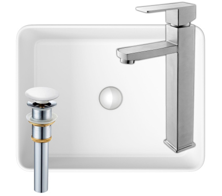 Раковина накладная со смесителем и выпуском (Умывальник BAU Hotel прямоугольный 48х37, белый + смеситель для раковины высокий Hotel Still, выпуск клик клак, белый)