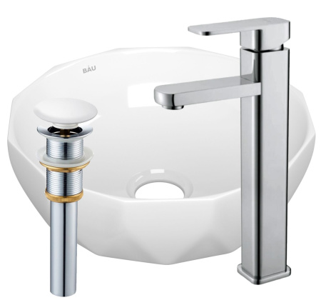 Раковина накладная со смесителем и выпуском (на столешницу BAU Diamond D40, белая + смеситель Hotel Still, нер. сталь, выпуск клик-клак белый)