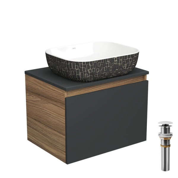 Тумба с раковиной и выпуском (тумба Bau Dream 60, графит + раковина санфаянс накладная BAU Stil Black White 50х40, выпуск клик-клак, белый)