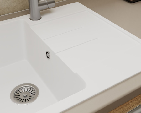 Мойка для кухни оборачиваемая с крылом BAU Stil White snow 76х50, выпуск с сифоном в комплекте, белый снег