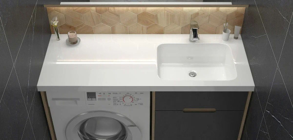 Раковина над стиральной машиной BAU Bloom 120х50, литьевой мрамор в комплекте с кронштейнами и сифоном белый глянец, правая