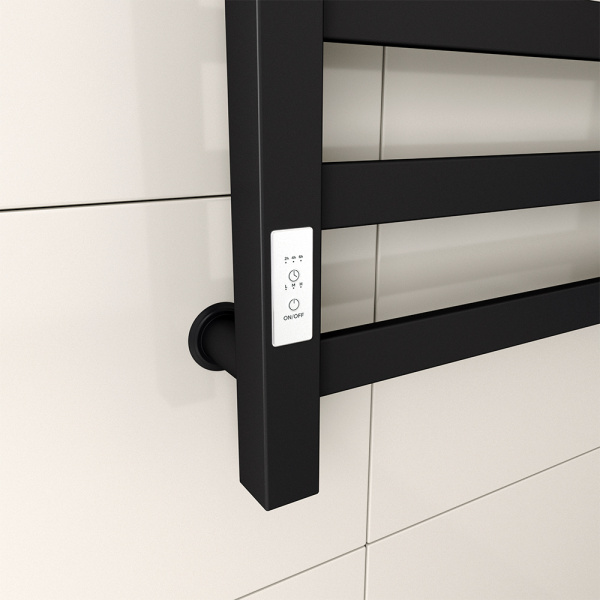 Полотенцесушитель электрический профильный Маргроид BAU В81/10 50х80, 2 вставки 4х4 размер 30*10, черный матовый RAL 9005 с таймером слева