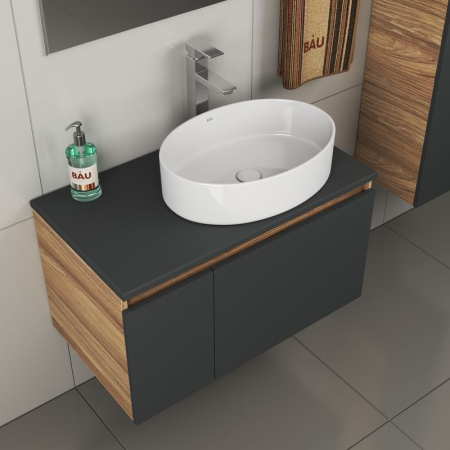 Комплект для ванной, 4 предмета (тумба Bau 80, графит + раковина BAU Nimb 50х36 + смеситель Hotel Still, выпуск клик-клак, белый)