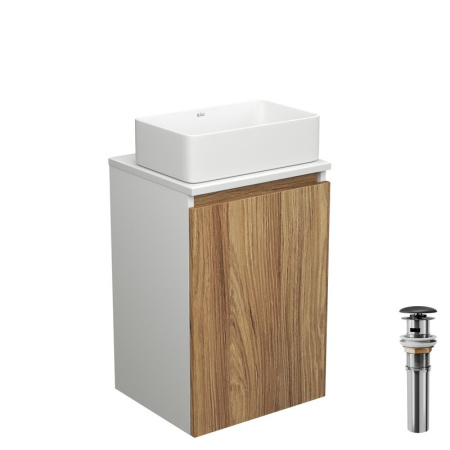 Тумба с раковиной и выпуском (тумба подвесная Bau Dream 40 + раковина BAU Hotel mini 37х23, белая, выпуск клик-клак, черный)