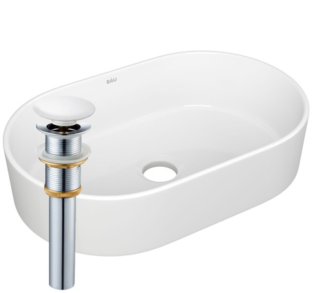 Раковина накладная овальная BAU Nimb 56х36, белая + выпуск клик-клак, белый