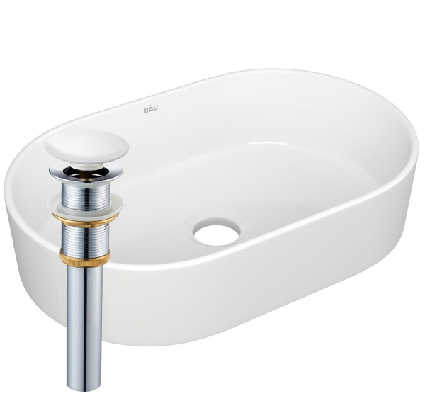 Раковина накладная овальная BAU Nimb 56х36, белая + выпуск клик-клак, белый