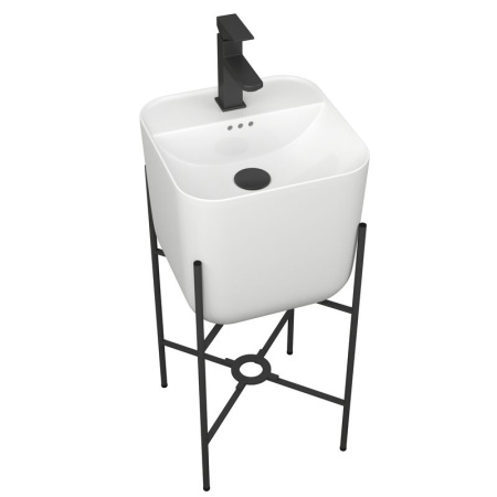 Раковина напольная с металлическими ножками и выпуском (BAU Soul белая + смеситель Hotel Black, выпуск клик-клак черный)