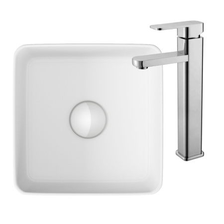 Раковина накладная со смесителем (BAU Mini квадратная 24х24 белая + смеситель для раковины высокий Potato Hotel, хром)