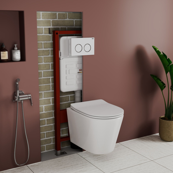 Комплект BAU 6 в 1: усиленная инсталляция BAU IDEAL, унитаз подвесной безободковый Bau Nimb, сиденье дюропласт микролифт, клавиша BAU Round, белый/хром