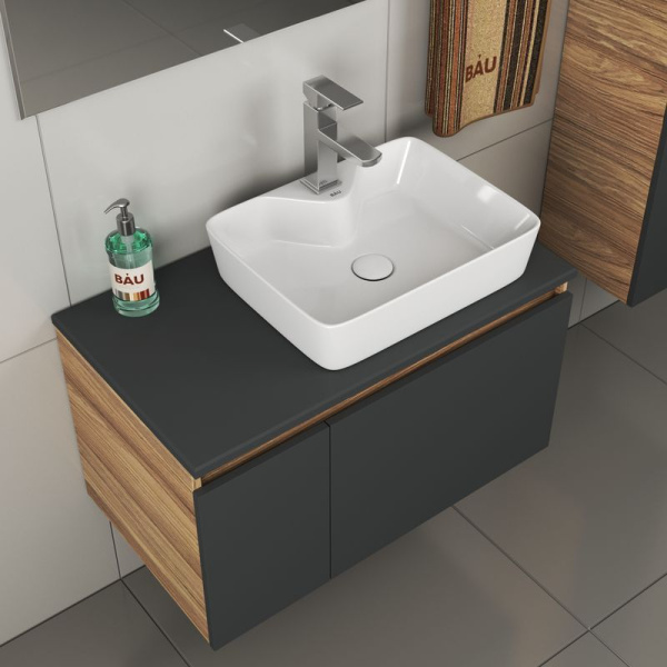Комплект для ванной, 4 предмета (тумба Bau 80, графит + раковина BAU 48х37, с отв. под смеситель + смеситель Hotel Still, выпуск клик-клак, белый)