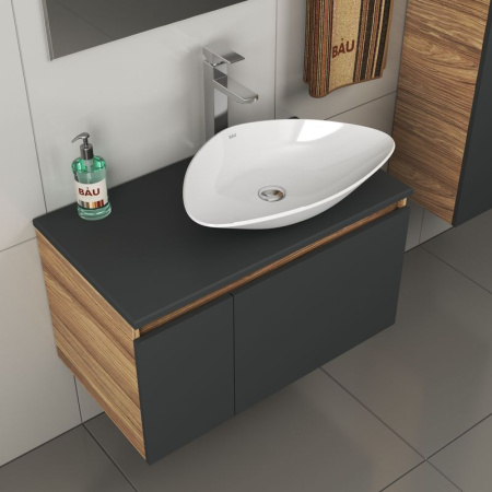 Комплект для ванной, 4 предмета (тумба Bau 80, графит + раковина BAU Triangle 59х39 + смеситель Hotel Still, выпуск клик-клак, хром)