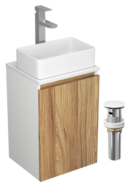 Комплект для ванной, 4 предмета (Тумба Bau Dream Blackwood 40, раковина BAU Mini 38х24, смеситель для раковины высокий Hotel Still, нержавеющая сталь, выпуск клик клак, белый)