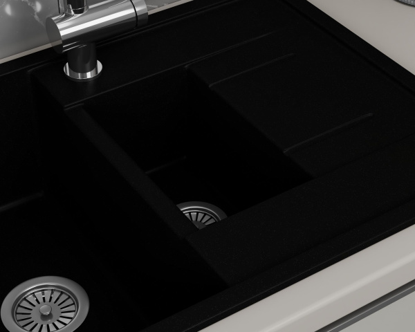 Мойка для кухни оборачиваемая полуторная чаша с крылом BAU Stil Black coal 77х50, выпуск с сифоном в комплекте, черный уголь