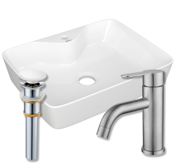 Раковина накладная прямоугольная BAU 48х37, с отв. под смеситель, белая + смеситель Dream и выпуск клик-клак белый