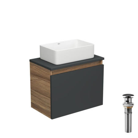 Тумба с раковиной и выпуском (тумба Bau Dream 50, графит + раковина санфаянс накладная прямоугольная BAU Hotel mini 37х23, выпуск клик-клак, черный)