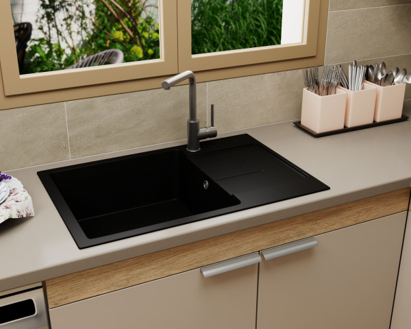 Мойка для кухни оборачиваемая с крылом BAU Stil Black coal 76х50, выпуск с сифоном в комплекте, черный уголь