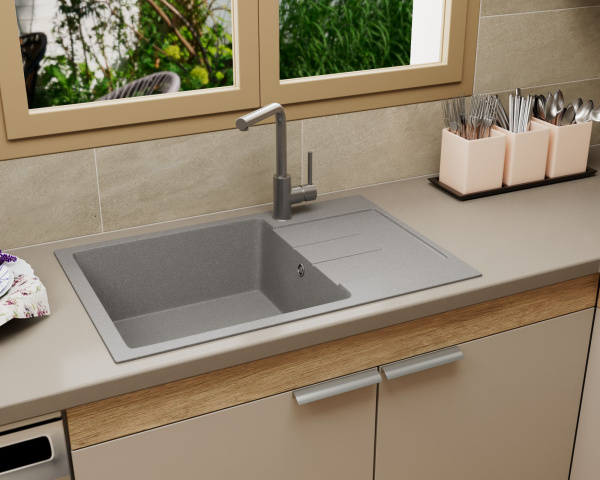 Мойка для кухни оборачиваемая с крылом BAU Stil Gray stone 76х50, выпуск с сифоном в комплекте, серый камень