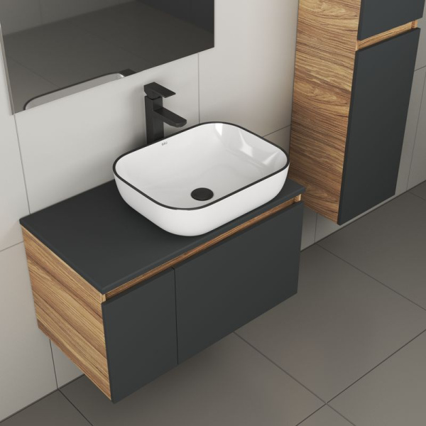 Комплект для ванной, 4 предмета (тумба Bau 80, графит + раковина BAU Stil Black Rand 50х40 + смеситель Hotel Black, выпуск клик-клак, черный)