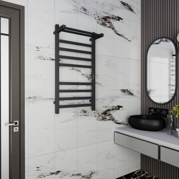 Полотенцесушитель электрический профильный с полкой BAU Hotel Shelf 50х100, 8 планок, универсальный, черный матовый RAL 9005