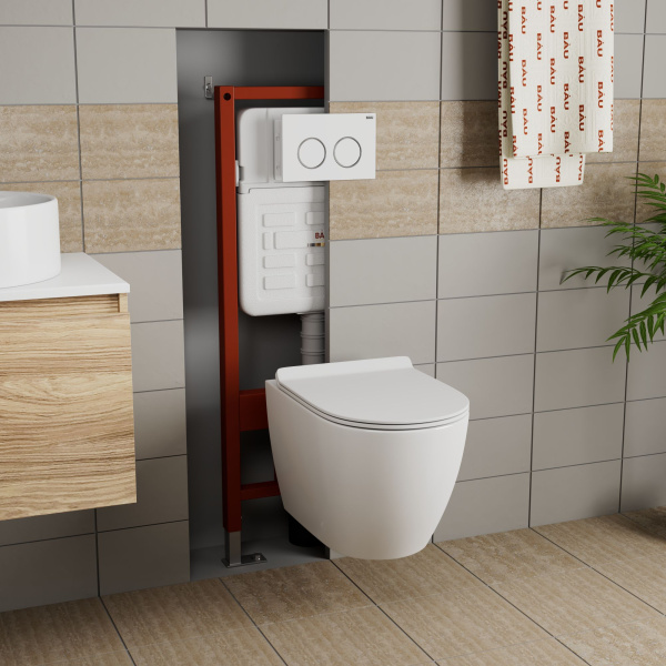 Комплект BAU 6 в 1: усиленная инсталляция BAU IDEAL, унитаз подвесной безободковый Bau Dream, сиденье дюропласт микролифт, клавиша BAU Round, белый/хром