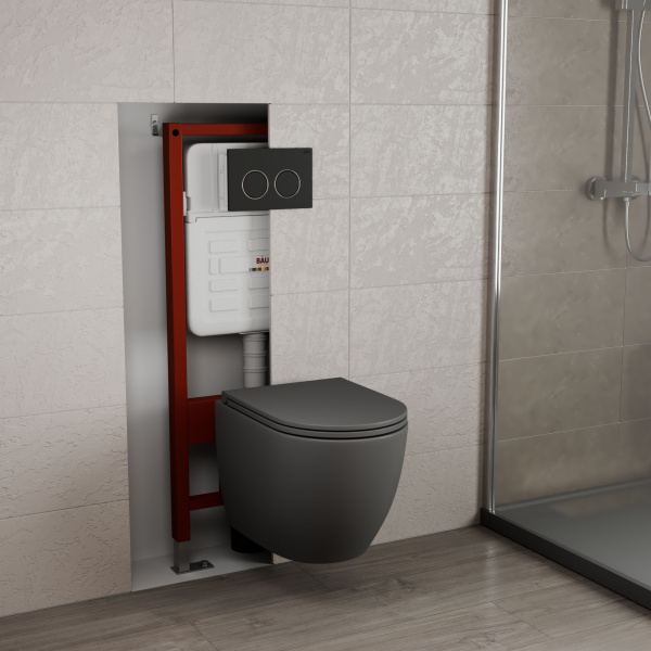 Комплект BAU 6 в 1: усиленная инсталляция BAU IDEAL, унитаз подвесной безободковый торнадо обратного потока Bau Dream Hurricane-2 темно-серый матовый, сиденье микролифт, клавиша BAU Round, черная