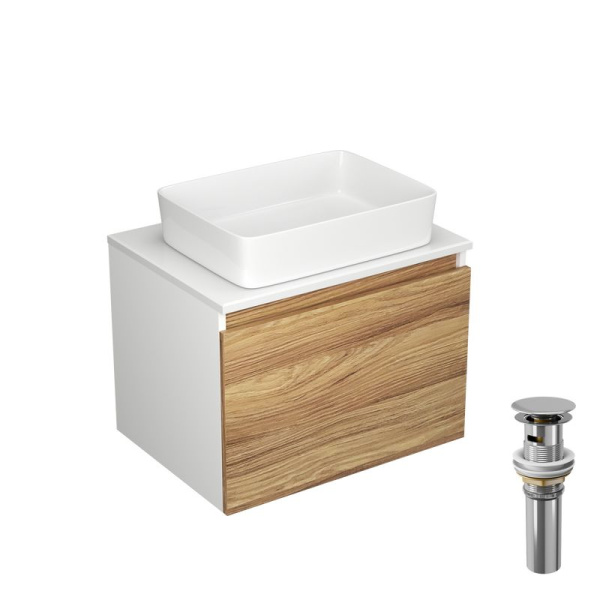 Тумба с раковиной и выпуском (Тумба Bau Dream Blackwood 60, умывальник BAU Hotel 48х37, выпуск клик клак, хром)