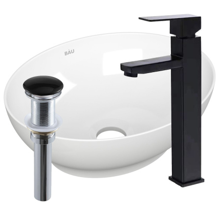 Раковина накладная со смесителем и выпуском (овальная BAU Nimb 41х33, белая + смеситель Hotel Black, черный, выпуск клик-клак черный)