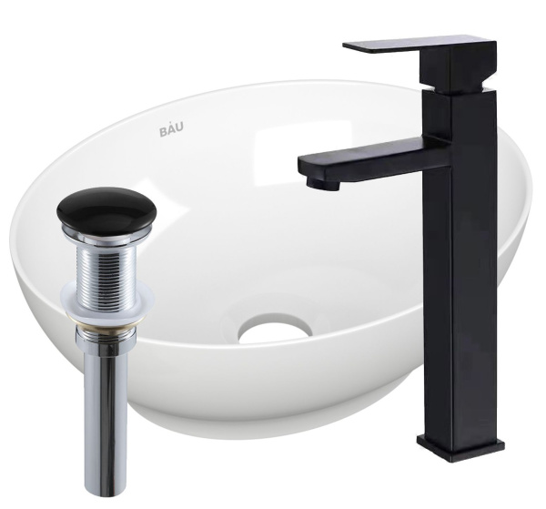 Раковина накладная со смесителем и выпуском (овальная BAU Nimb 41х33, белая + смеситель Hotel Black, черный, выпуск клик-клак черный)
