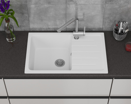 Мойка для кухни оборачиваемая с крылом BAU Stil White snow 75х50, выпуск с сифоном в комплекте, белый снег