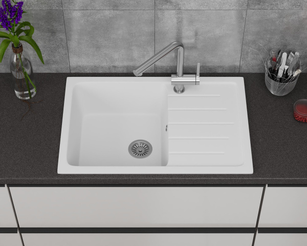 Мойка для кухни оборачиваемая с крылом BAU Stil White snow 75х50, выпуск с сифоном в комплекте, белый снег