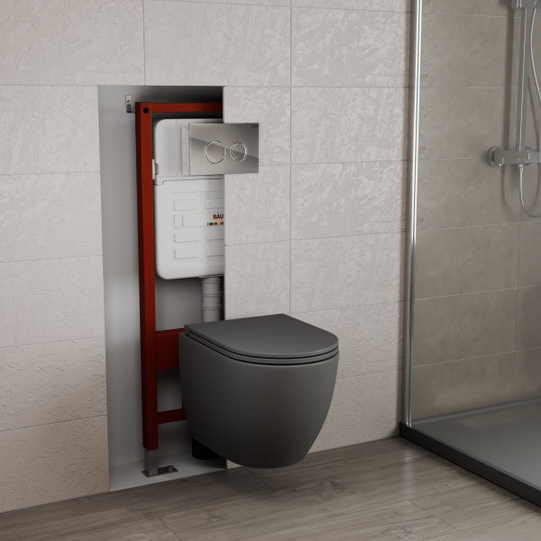 Комплект BAU 6 в 1: усиленная инсталляция BAU IDEAL, унитаз подвесной безободковый торнадо обратного потока Bau Dream Hurricane-2 темно-серый матовый, сиденье микролифт, клавиша BAU Wheel хром