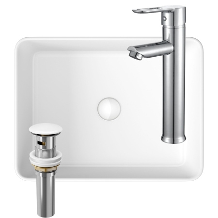 Раковина накладная со смесителем и выпуском (Умывальник BAU Hotel прямоугольный 48х37, белый + смеситель для раковины высокий Diadonna Dream, латунь, выпуск клик клак, белый)