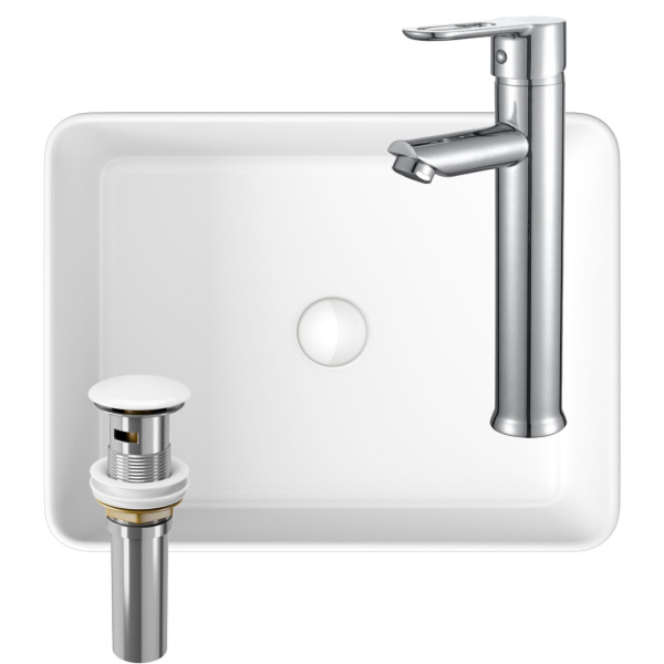 Раковина накладная со смесителем и выпуском (Умывальник BAU Hotel прямоугольный 48х37, белый + смеситель для раковины высокий Diadonna Dream, латунь, выпуск клик клак, белый)