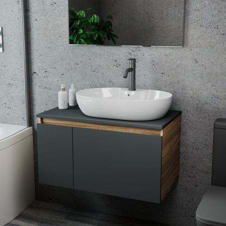 Комплект для ванной, 3 предмета (Тумба подвесная Bau Blackwood 80 графит + Раковина BAU 60х42, с отв. под см-ль, Смеситель Dream Black, черный)