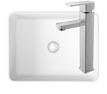 Раковина со смесителем (Умывальник на столешницу BAU Hotel прямоугольный 48х37, белая, смеситель высокий Hotel Still, нержавеющая сталь)