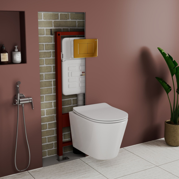 Комплект BAU 6 в 1: усиленная инсталляция BAU IDEAL, унитаз подвесной безободковый Bau Nimb, сиденье дюропласт микролифт, клавиша BAU Light антивандальная, нерж. сталь золото