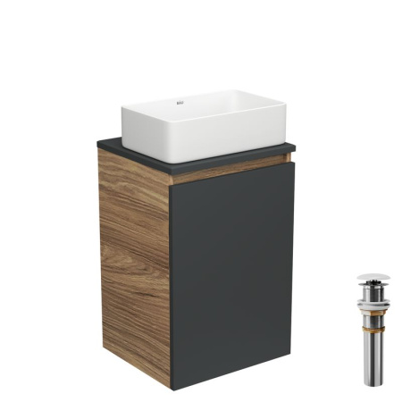 Тумба с раковиной и выпуском (тумба Bau Dream 40, графит + раковина санфаянс накладная прямоугольная BAU Hotel mini 38х24, выпуск клик-клак, белый)