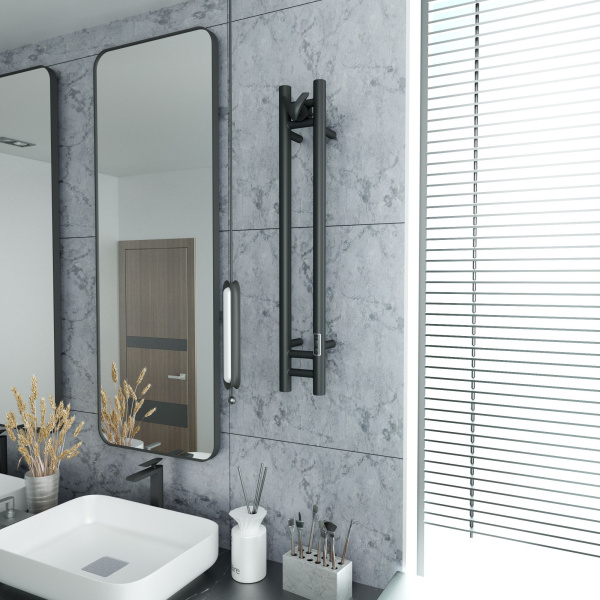 Полотенцесушитель дизайнерский электрический, BAU Stella 10х80, 2 коллектора, 1 крючок, черный матовый RAL 9005