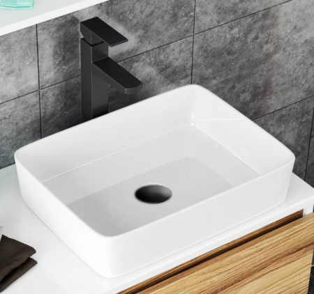 Раковина со смесителем (Умывальник на столешницу BAU Hotel прямоугольный 48х37, белая, смеситель высокий Hotel Black, черный)