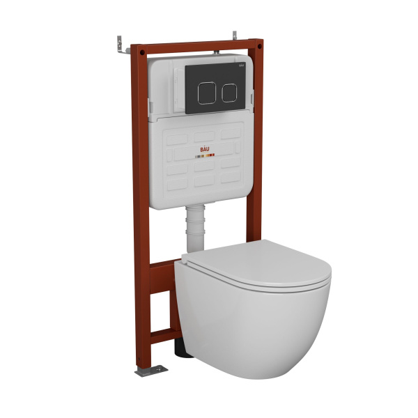 Комплект BAU 6 в 1: усиленная инсталляция BAU IDEAL, унитаз подвесной безободковый торнадо обратного потока Bau Dream 52х36 Hurricane-2, сиденье дюропласт микролифт, клавиша BAU Strike, черная матовая