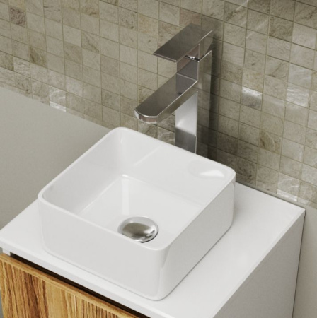 Раковина накладная со смесителем и выпуском (Умывальник BAU Mini квадратный 24х24 белый + смеситель для раковины высокий Hotel Still, выпуск клик клак, хром)