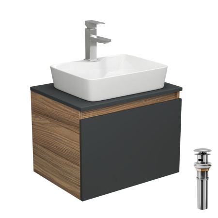 Комплект для ванной, 4 предмета (тумба Bau 60, графит + раковина BAU 48х37, с отв. под смеситель + смеситель Hotel Still, выпуск клик-клак, хром)