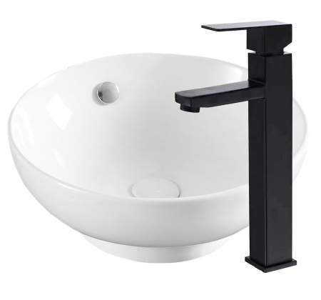 Раковина накладная со смесителем (чаша круглая BAU Dream D41, белая + смеситель высокий Hotel Black, черный)