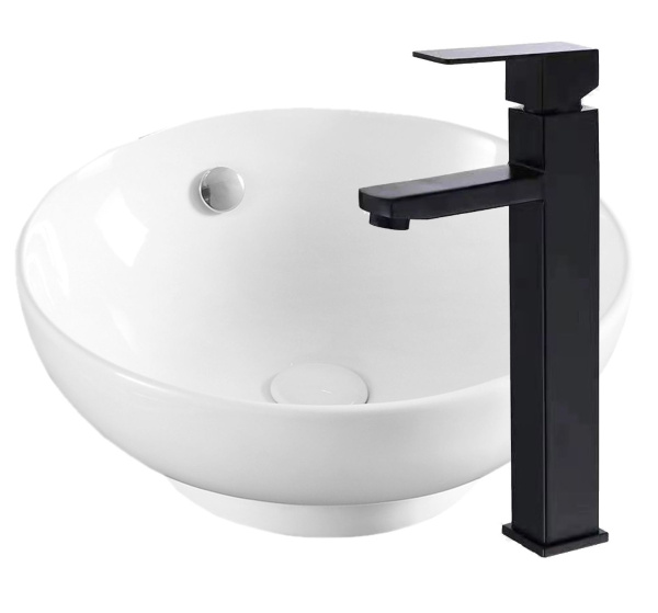 Раковина накладная со смесителем (чаша круглая BAU Dream D41, белая + смеситель высокий Hotel Black, черный)