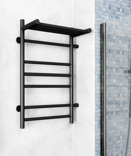 Полотенцесушитель водяной с полкой Маргроид BAU В10 50х80, П7 (2+3+2) боковое подключение 50, черный матовый RAL 9005