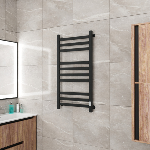 Полотенцесушитель электрический профильный Маргроид BAU В81/10 50х100, 3 вставки 3-4-3 30*10, черный матовый с таймером, универсальное подключение