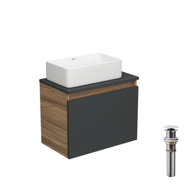 Тумба с раковиной и выпуском (тумба Bau Dream 50, графит + раковина санфаянс накладная прямоугольная BAU Hotel mini 38х24, выпуск клик-клак, белый)