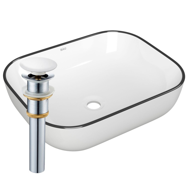 Раковина накладная прямоугольная BAU Stil 50х40, белая, черный кант + выпуск клик-клак, белый
